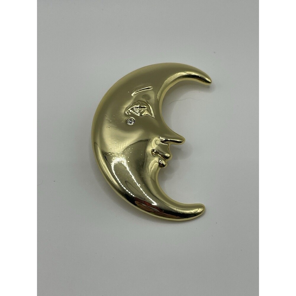 AJC Vintage Moon Pin Brooch Gold Face Crescent Rhinestone NOS Signed 80s
